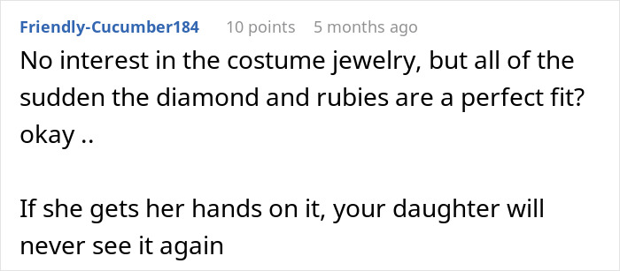 Text conversation about stepdaughter's jewelry demand and mom's refusal. Text conversation about stepdaughter's jewelry demand and mom's refusal.