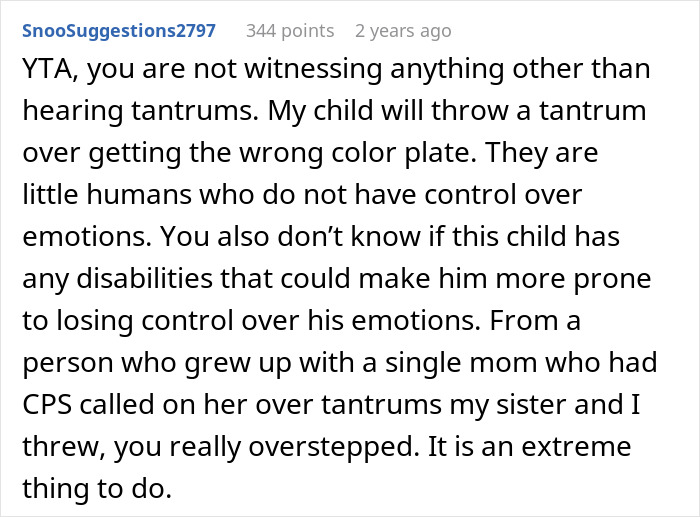 Reddit comment criticizing a woman for calling CPS due to toddler tantrums, suggesting the action was extreme. Reddit comment criticizing a woman for calling CPS due to toddler tantrums, suggesting the action was extreme.