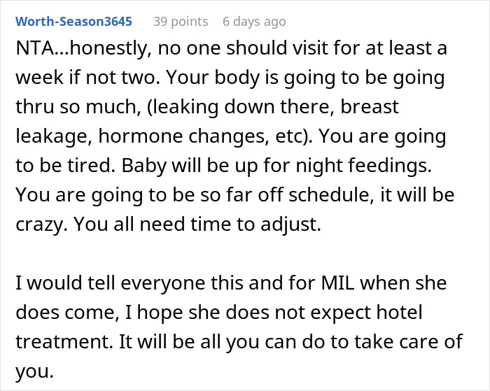 Screenshot of a Reddit comment discussing support needed post-birth and managing MIL expectations. Screenshot of a Reddit comment discussing support needed post-birth and managing MIL expectations.