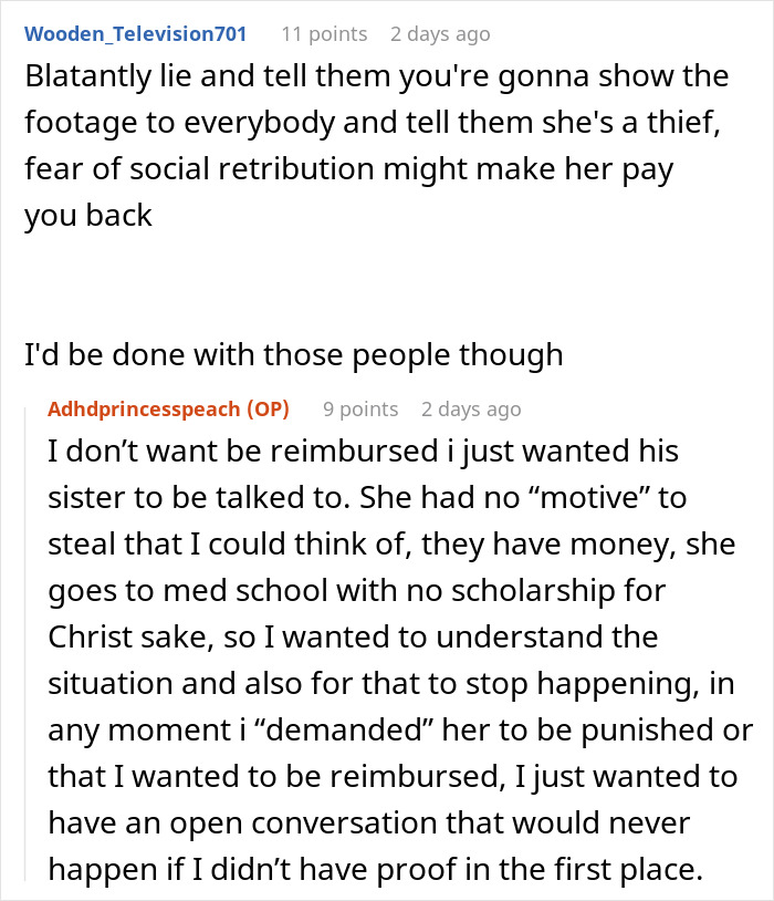 Reddit discussion about setting up a camera for evidence of theft by boyfriend’s sister. Reddit discussion about setting up a camera for evidence of theft by boyfriend’s sister.