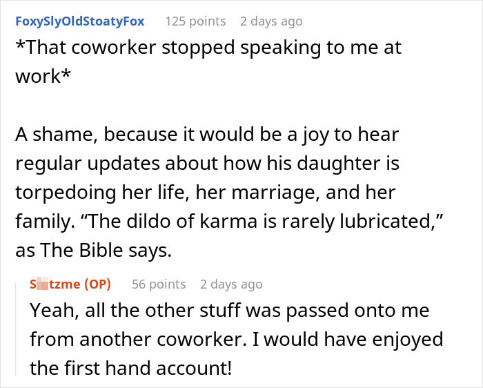 Reddit comments discussing a coworker's daughter's failed marriage, related to bridezilla refund attempt. Reddit comments discussing a coworker's daughter's failed marriage, related to bridezilla refund attempt.