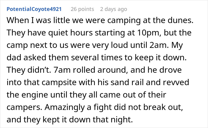 Text post about noisy neighbors disturbing a camping experience with loud partying at night. Text post about noisy neighbors disturbing a camping experience with loud partying at night.