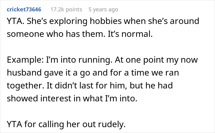 Text exchange discussing a woman exploring hobbies from her boyfriends, with a friend advising her to stop. Text exchange discussing a woman exploring hobbies from her boyfriends, with a friend advising her to stop.