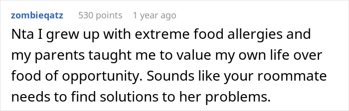 A comment about food allergies, emphasizing the importance of prioritizing health and critiquing the roommate's approach. A comment about food allergies, emphasizing the importance of prioritizing health and critiquing the roommate's approach.