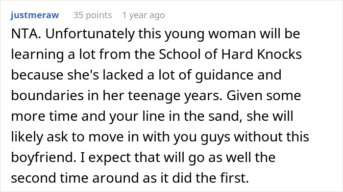 Reddit comment discussing an 18YO moving out and facing challenges, with opinions on boundaries and guidance. Reddit comment discussing an 18YO moving out and facing challenges, with opinions on boundaries and guidance.