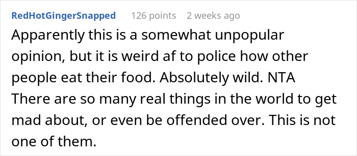 Text comment on food preferences, discussing opinions on policing food choices. Text comment on food preferences, discussing opinions on policing food choices.