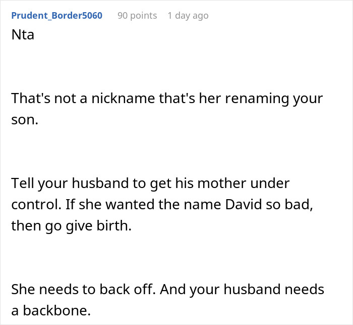 Reddit comment about MIL renaming grandson, DIL's frustration, and husband's role. Reddit comment about MIL renaming grandson, DIL's frustration, and husband's role.
