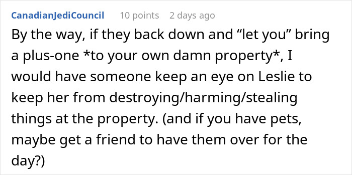 Text conversation about backyard wedding plus-one issue, mentioning property concerns and pet care during event. Text conversation about backyard wedding plus-one issue, mentioning property concerns and pet care during event.