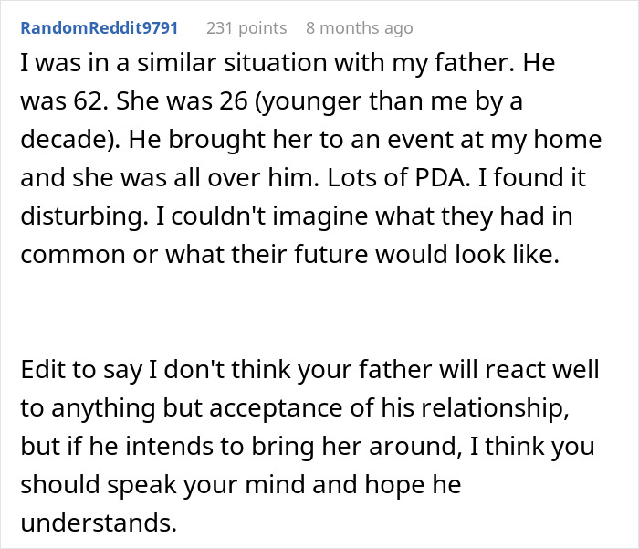Reddit comment about a dad dating a younger girl, age difference concerns, and seeking advice. Reddit comment about a dad dating a younger girl, age difference concerns, and seeking advice.