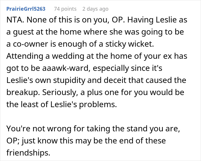 Text screenshot discussing refusal of backyard use for wedding due to denied plus-one request. Text screenshot discussing refusal of backyard use for wedding due to denied plus-one request.