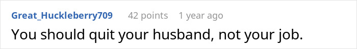 Comment suggesting prioritizing job over husband in divorce dilemma screenshot. Comment suggesting prioritizing job over husband in divorce dilemma screenshot.
