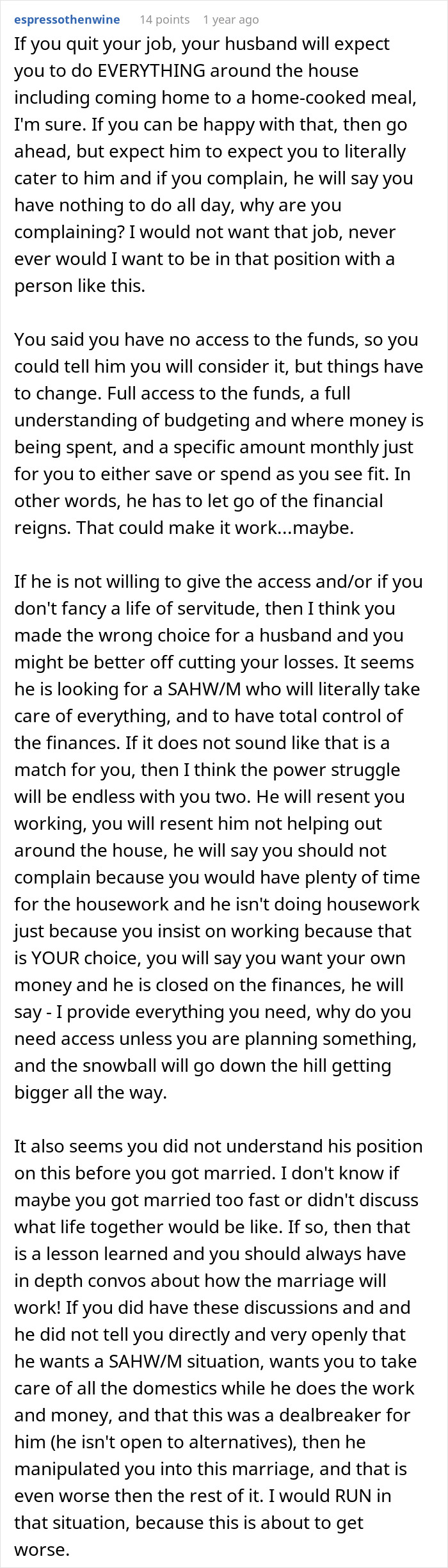 Online discussion about a husband wanting a divorce unless his wife quits her job. Online discussion about a husband wanting a divorce unless his wife quits her job.