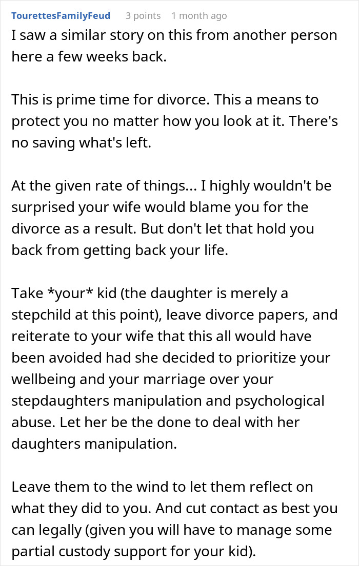Reddit advice discussing stepdaughter's lies ruining a man's life, suggesting divorce and cutting contact for well-being. Reddit advice discussing stepdaughter's lies ruining a man's life, suggesting divorce and cutting contact for well-being.