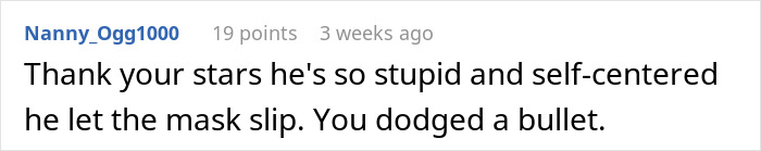 Comment discussing relief after a confrontation, emphasizing self-awareness. Comment discussing relief after a confrontation, emphasizing self-awareness.