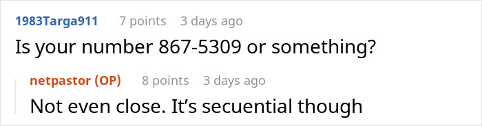 Comments discussing sequential phone numbers for reservations. Comments discussing sequential phone numbers for reservations.