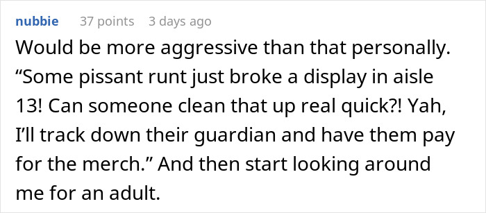 Reddit comment discussing a broken display in a store aisle and the reaction to finding a child's guardian. Reddit comment discussing a broken display in a store aisle and the reaction to finding a child's guardian.