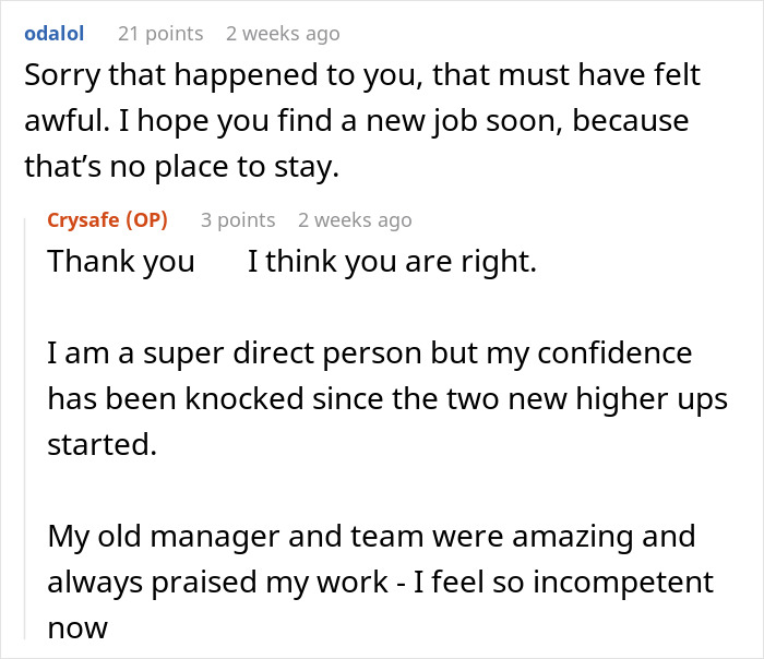 Text exchange discussing workplace feelings; mentions managers, confidence, and discomfort.
