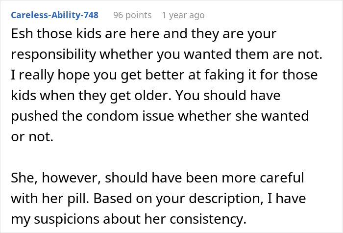 Reddit comment discussing parental responsibility and family planning disagreements. Reddit comment discussing parental responsibility and family planning disagreements.