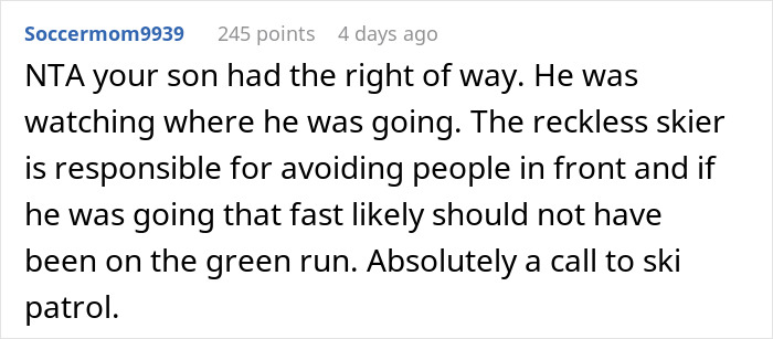 Comment discussing skier reported to ski patrol after colliding with child on beginner trail. Comment discussing skier reported to ski patrol after colliding with child on beginner trail.