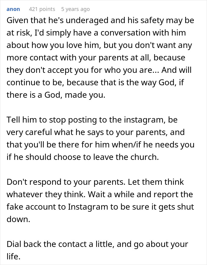 Reddit comment advising caution with religious parents and a fake account situation. Reddit comment advising caution with religious parents and a fake account situation.