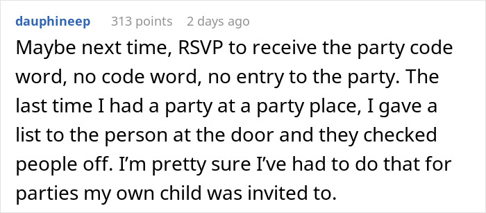 Text exchange discussing RSVPs and party entry code word policy. Text exchange discussing RSVPs and party entry code word policy.