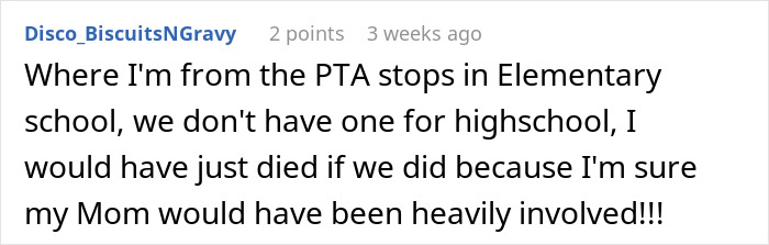 Comment discussing a teen's experience with PTA, mentioning their mother's involvement. Comment discussing a teen's experience with PTA, mentioning their mother's involvement.