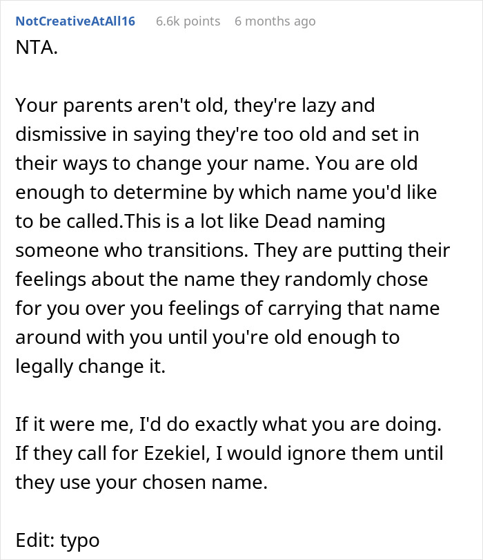 Reddit comment discussing parents choosing a random Bible name and refusing to change it. Reddit comment discussing parents choosing a random Bible name and refusing to change it.