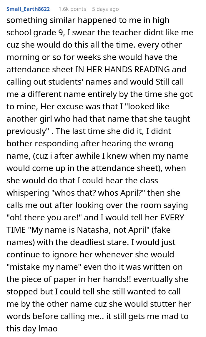 Text description of a student's revenge story about a teacher mispronouncing names. Text description of a student's revenge story about a teacher mispronouncing names.