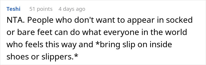 Comment discussing son's girlfriend's house rule about indoor shoes. Comment discussing son's girlfriend's house rule about indoor shoes.