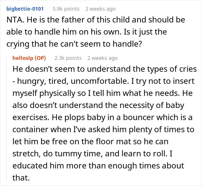 Reddit discussion on parenting challenges; wife refuses to coddle husband struggling with infant care. Reddit discussion on parenting challenges; wife refuses to coddle husband struggling with infant care.