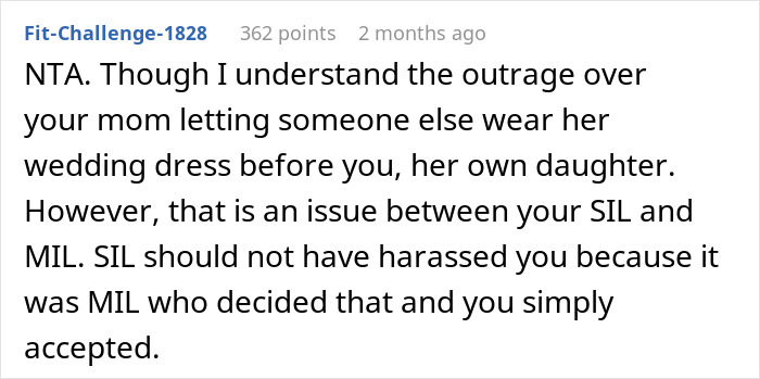 Comment discussing MIL's wedding dress issue with pregnant bride and SIL's reaction. Comment discussing MIL's wedding dress issue with pregnant bride and SIL's reaction.