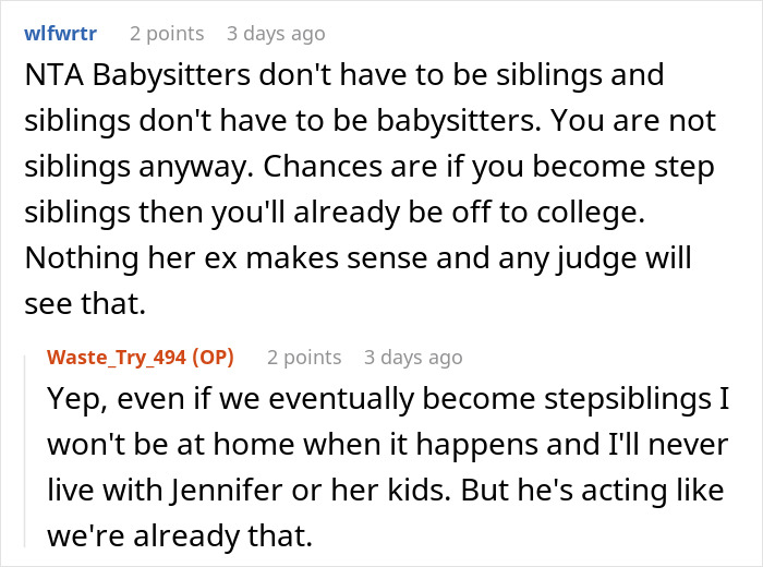 Reddit discussion about teen babysitting, focusing on step-siblings and family dynamics. Reddit discussion about teen babysitting, focusing on step-siblings and family dynamics.
