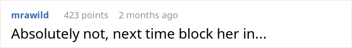 "Comment on unauthorized neighbor parking: 'Absolutely not, next time block her in...' "Comment on unauthorized neighbor parking: 'Absolutely not, next time block her in...'