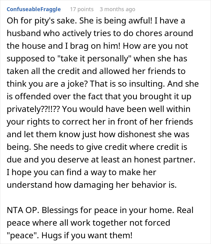 Comment discussing a husband feeling unappreciated, mentioning credit and honesty in relationships. Comment discussing a husband feeling unappreciated, mentioning credit and honesty in relationships.