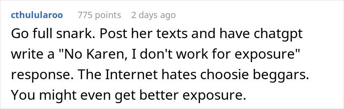 Comment suggesting exposing influencer's demands for free work. Comment suggesting exposing influencer's demands for free work.