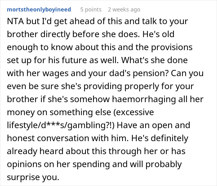 Reddit comment advising someone about handling dad’s ex-wife and son's financial request, questioning spending habits. Reddit comment advising someone about handling dad’s ex-wife and son's financial request, questioning spending habits.