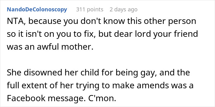 Text comment discussing not sharing inheritance received from a friend. Text comment discussing not sharing inheritance received from a friend.