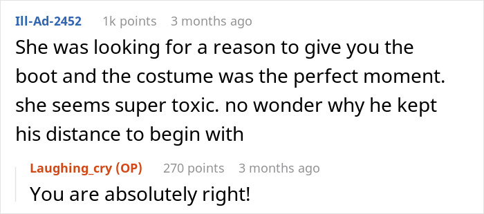 Comment discussing a toxic relationship due to a witch costume for Halloween, with agreement from another user. Comment discussing a toxic relationship due to a witch costume for Halloween, with agreement from another user.