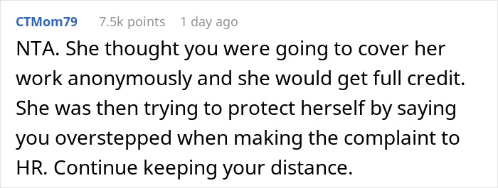 Reddit comment discussing situation where a coworker receives an HR complaint after covering for a colleague. Reddit comment discussing situation where a coworker receives an HR complaint after covering for a colleague.