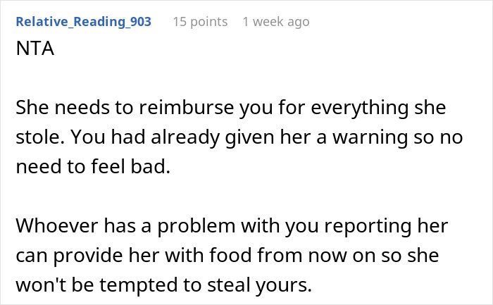 Reddit comment advising someone about a coworker's food stealing due to cravings. Reddit comment advising someone about a coworker's food stealing due to cravings.