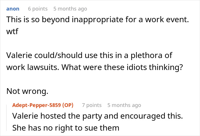 Reddit comments discussing an inappropriate work event and potential lawsuits involving a husband's coworkers' game. Reddit comments discussing an inappropriate work event and potential lawsuits involving a husband's coworkers' game.