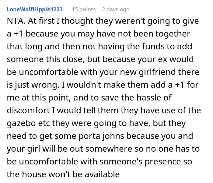 Reddit comment about a man refusing friends' wedding use of backyard after being denied a plus-one guest. Reddit comment about a man refusing friends' wedding use of backyard after being denied a plus-one guest.