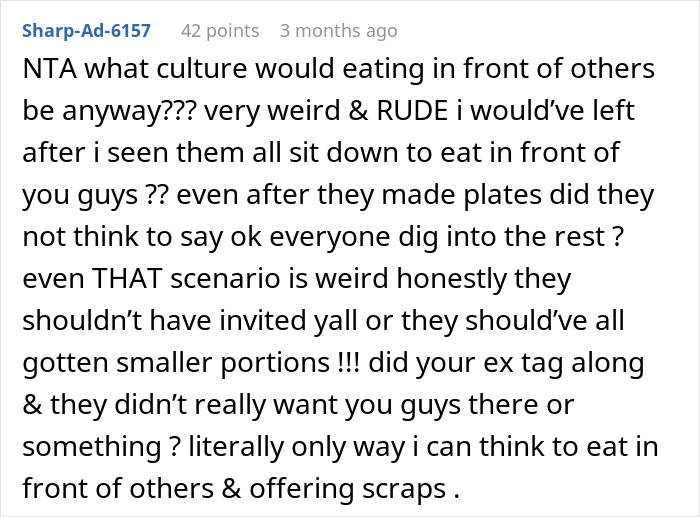 Reddit comment about friends eating before guests, expressing frustration and labeling it rude behavior. Reddit comment about friends eating before guests, expressing frustration and labeling it rude behavior.