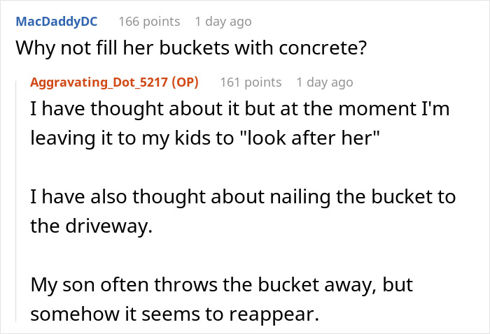 Reddit comments discussing parking issues related to HOA chair’s wife and a bucket dilemma. Reddit comments discussing parking issues related to HOA chair’s wife and a bucket dilemma.