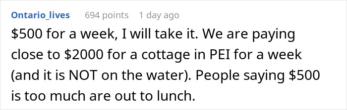 Comment comparing cottage rental costs to family cabin fees. Comment comparing cottage rental costs to family cabin fees.