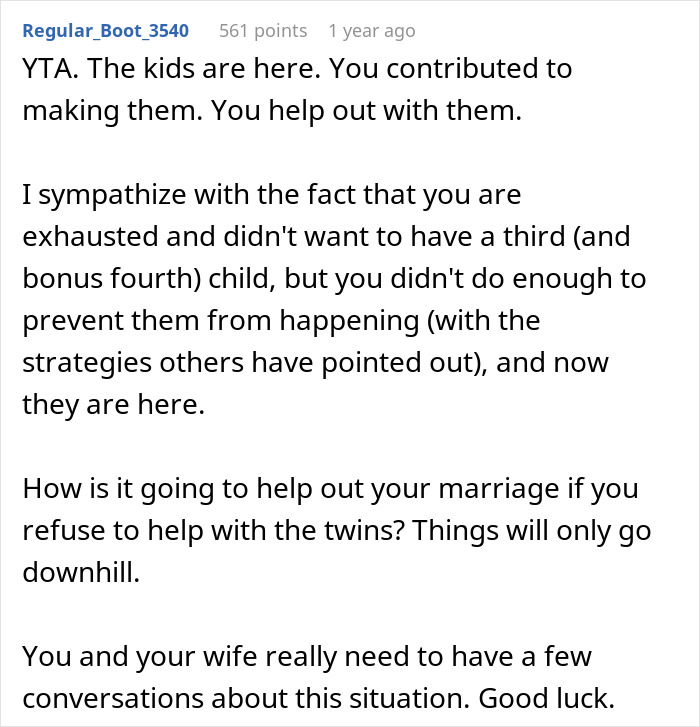 Text exchange about a dad refusing to help with newborn twins due to not getting a vasectomy. Text exchange about a dad refusing to help with newborn twins due to not getting a vasectomy.