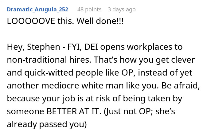 A text exchange discussing workplace diversity and quick-witted responses to racism. A text exchange discussing workplace diversity and quick-witted responses to racism.