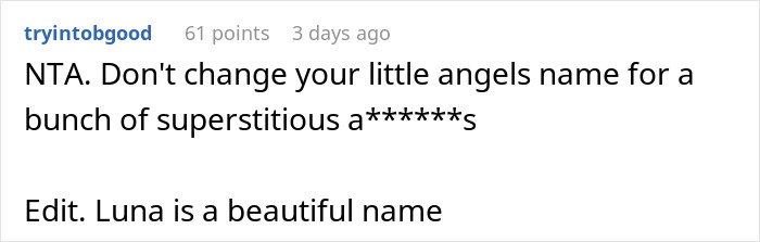 Text comment defending the baby name "Luna" as beautiful, dismissing superstitions. Text comment defending the baby name "Luna" as beautiful, dismissing superstitions.