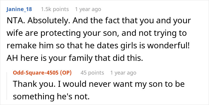 Reddit comments discussing family support for a gay son, highlighting protection and acceptance. Reddit comments discussing family support for a gay son, highlighting protection and acceptance.