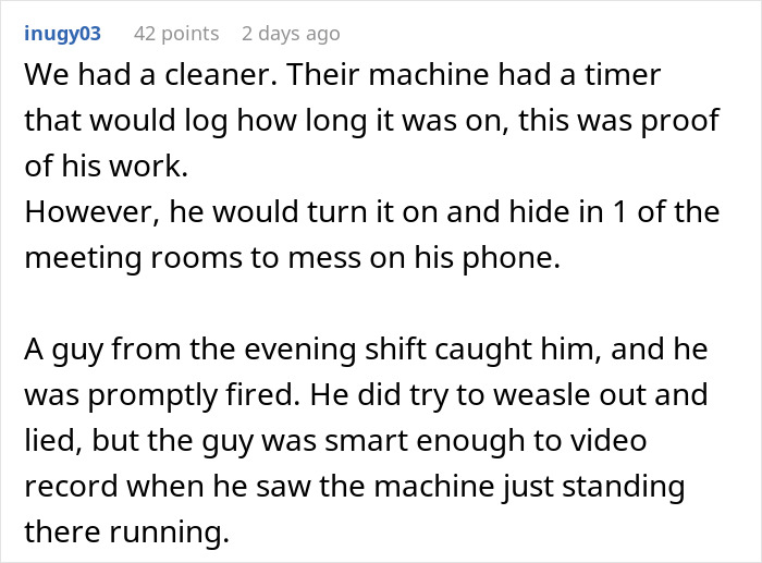 Text describing a cleaner's machine misuse and resulting termination for working more than supposed to. Text describing a cleaner's machine misuse and resulting termination for working more than supposed to.